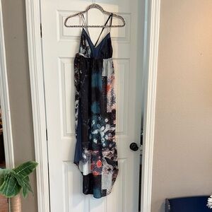 NWT- Gypsy 05 Navy and Multicolor Midi  Silk Panel Dress